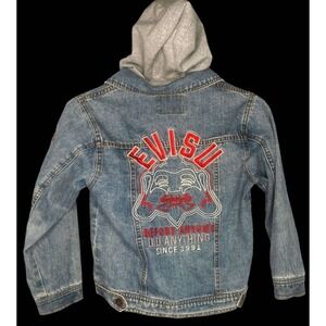 Vintage Y2K Urban Folk Evisu Style Japanese Hooded Denim Trucker Jacket size 7-8